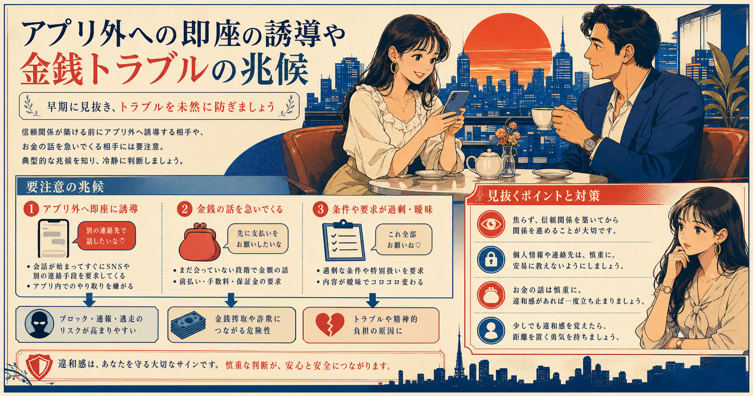 アプリ外への即座の誘導や金銭トラブルの兆候