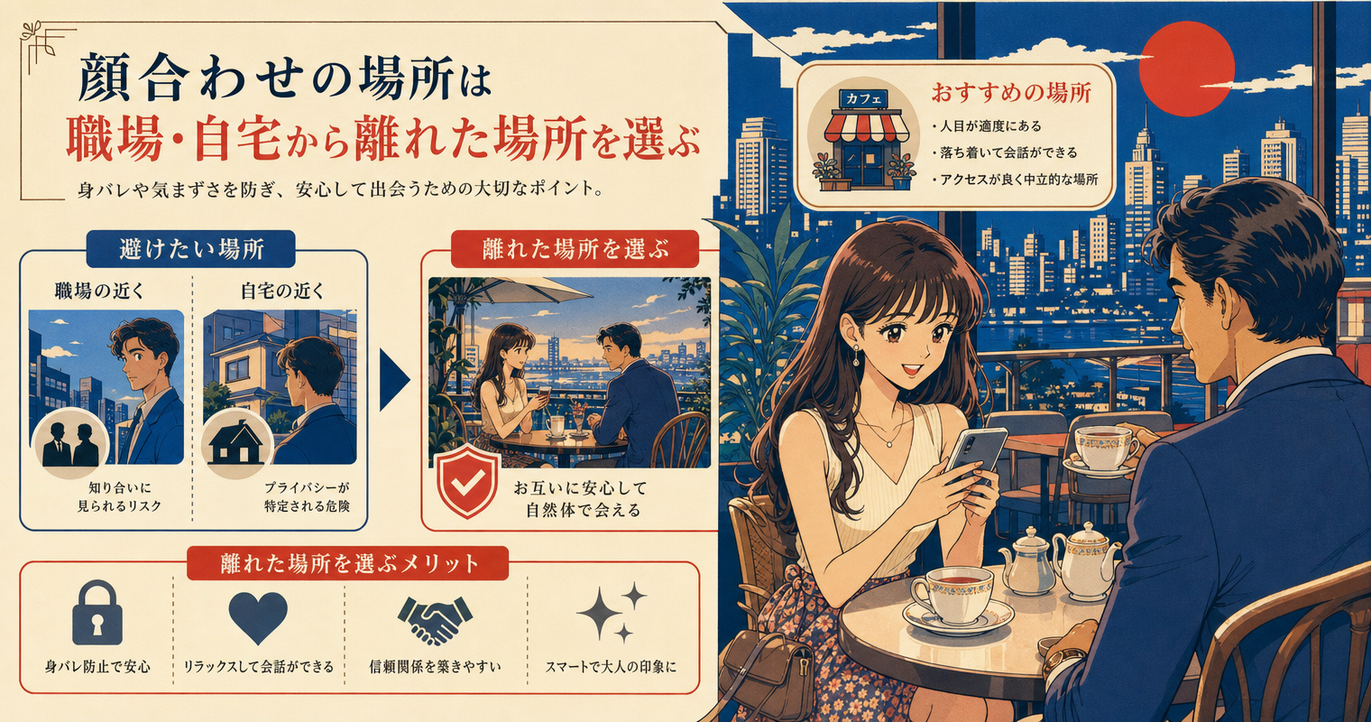 顔合わせの場所は職場・自宅から離れた場所を選ぶ